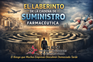 Representación del laberinto de la cadena de suministro farmacéutica, mostrando los desafíos de importación, regulación y distribución de productos farmacéuticos, y la importancia de contar con asesoría especializada.