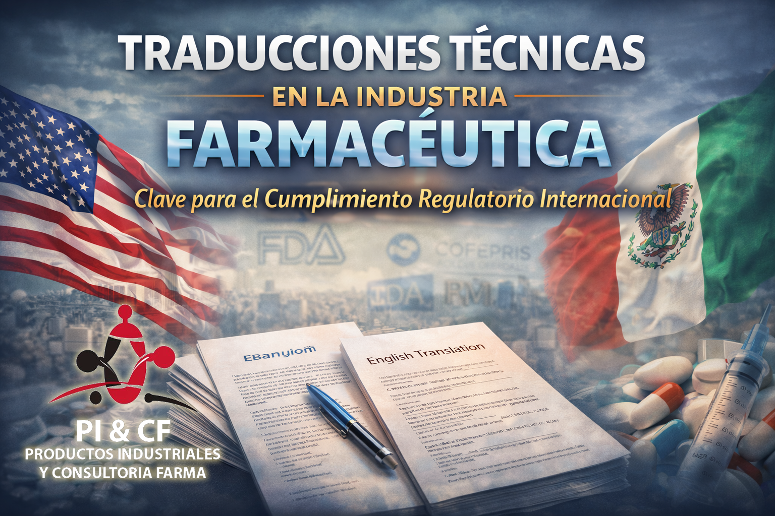 Documentos técnicos farmacéuticos en inglés y español sobre una mesa de trabajo profesional, representando el proceso de traducción técnica para cumplimiento regulatorio internacional.
